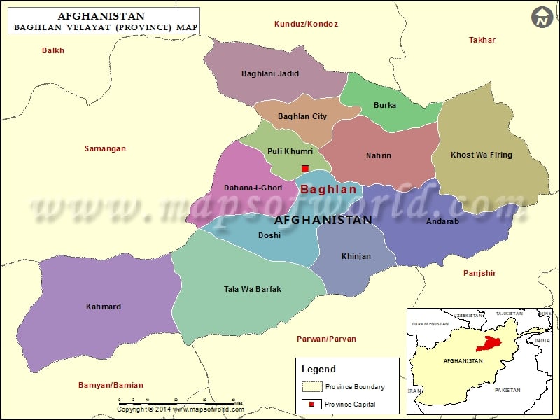 Baghlan Map, Map of Baghlan Province (Velayat), Afghanistan