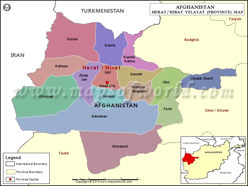 Herat Map, Map of Herat Province (Velayat), Afghanistan