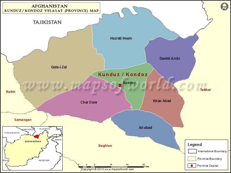 Kunduz Map, Map of Kunduz Province (Velayat), Afghanistan
