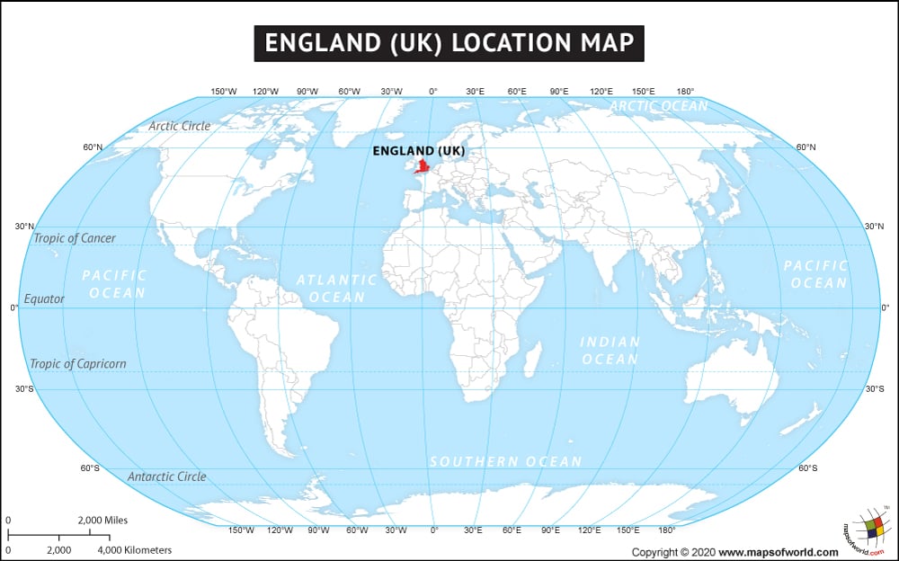 Description: Map showing location of England in the Europe.