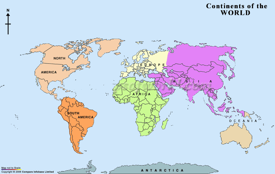 World Continent Map showing boundaries of different continent across 
