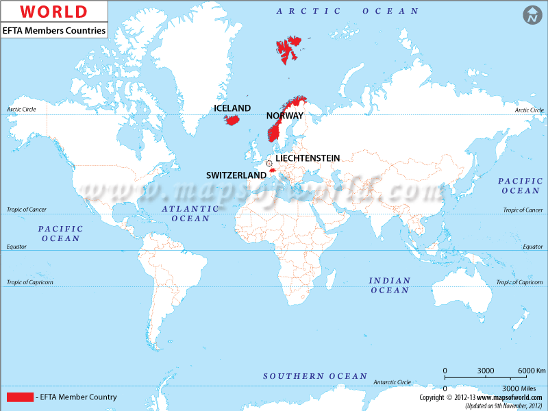 World Map With Cities And Countries. World Map Of EFTA Member