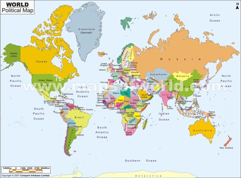 world map countries labelled