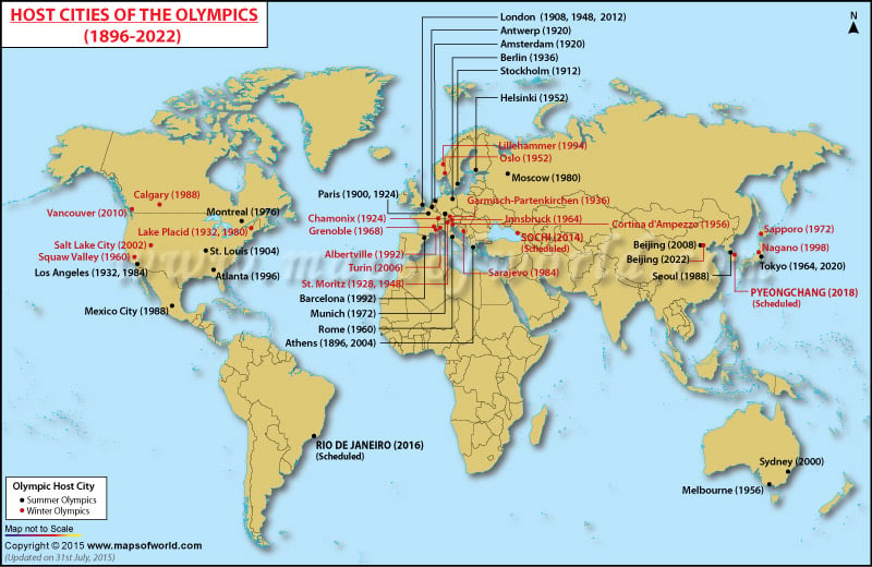 World Map Showing Olympics Hosts Cities