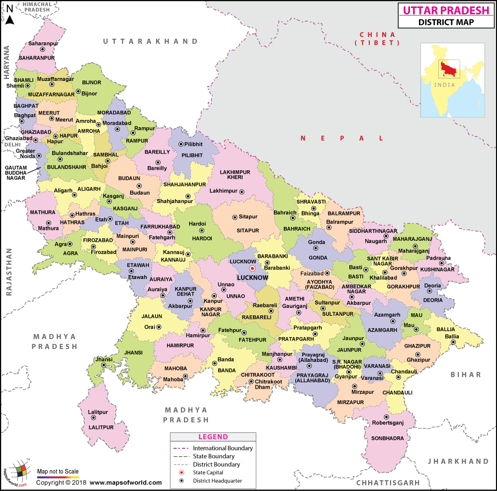 ... Uttar Pradesh, state capital, district HQ and district boundaries