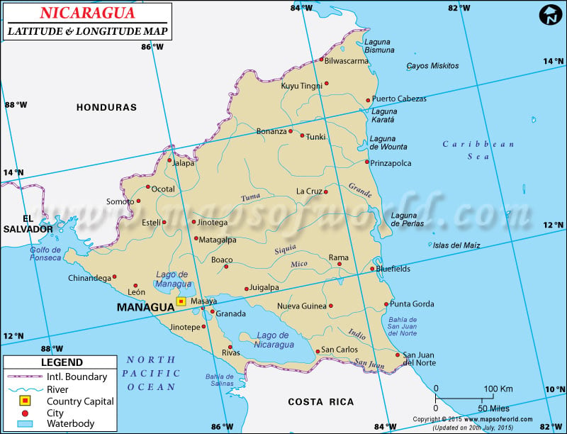 Nicargua Lat Long Map