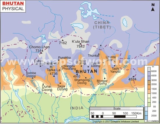 political map of bhutan. Bhutan Physical Map