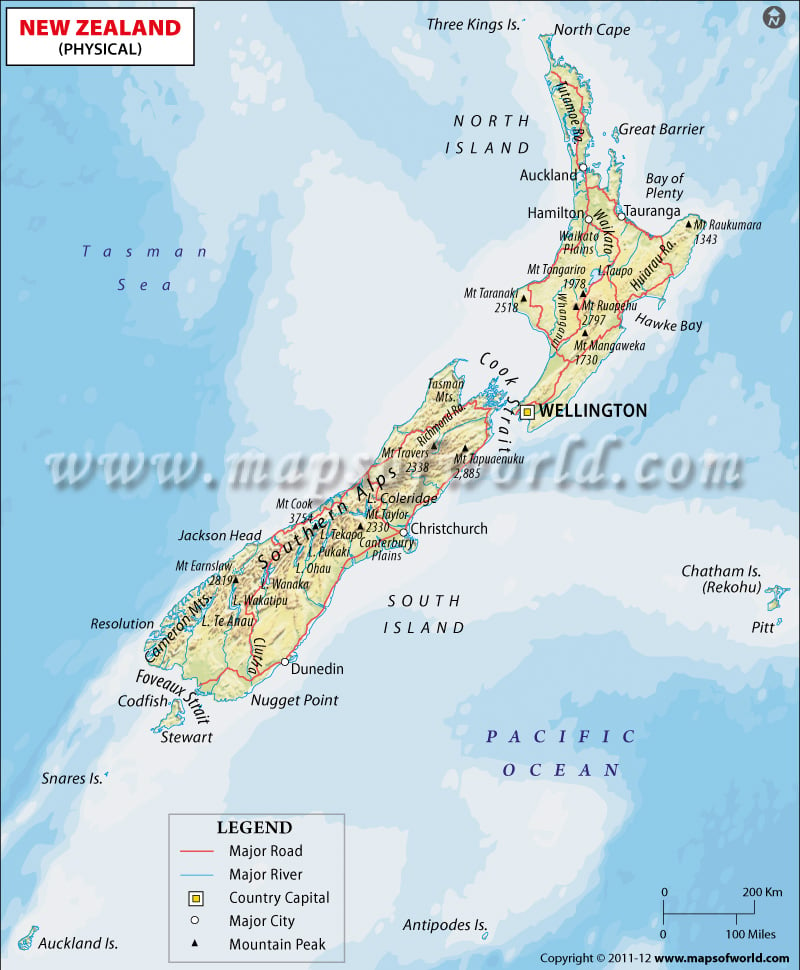 map of new zealand. New Zealand Physica Mapl