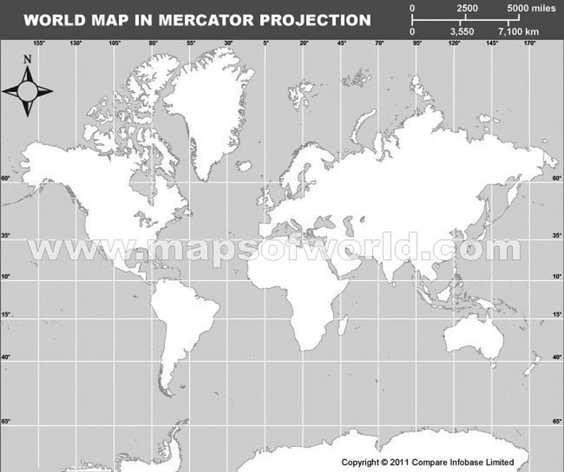 World-Outline Map Grey in Mercator Projection