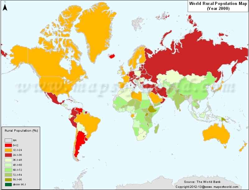 World Rural population Map in 2000