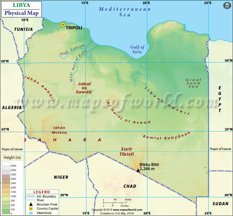 Physical Map of Libya