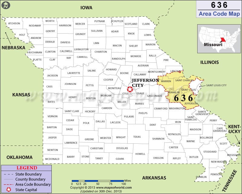 636 Area Code Map, Where is 636 Area Code in Missouri