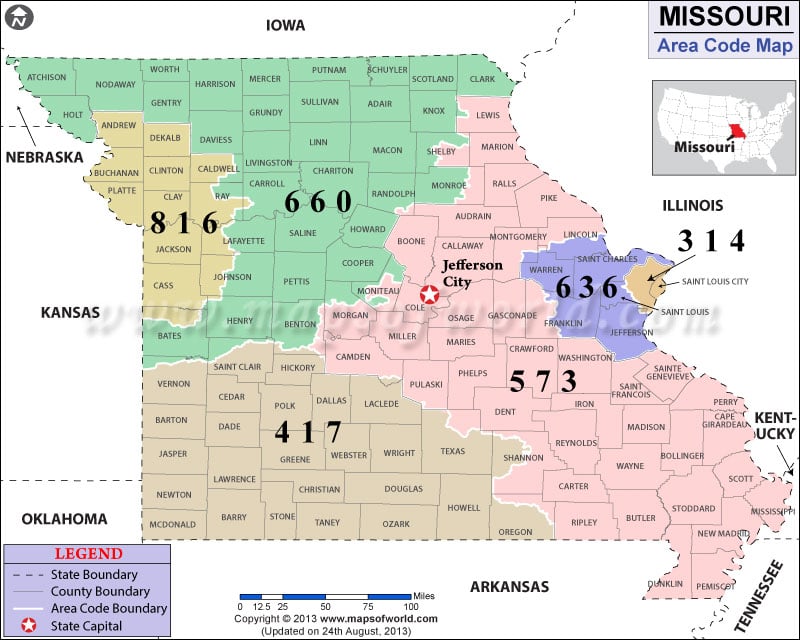 Missouri Area Codes | Map of Missouri Area Codes