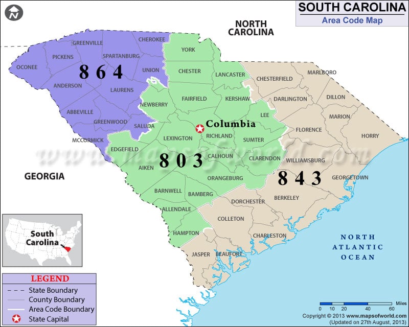 map of south carolina. South Carolina Area Code Map
