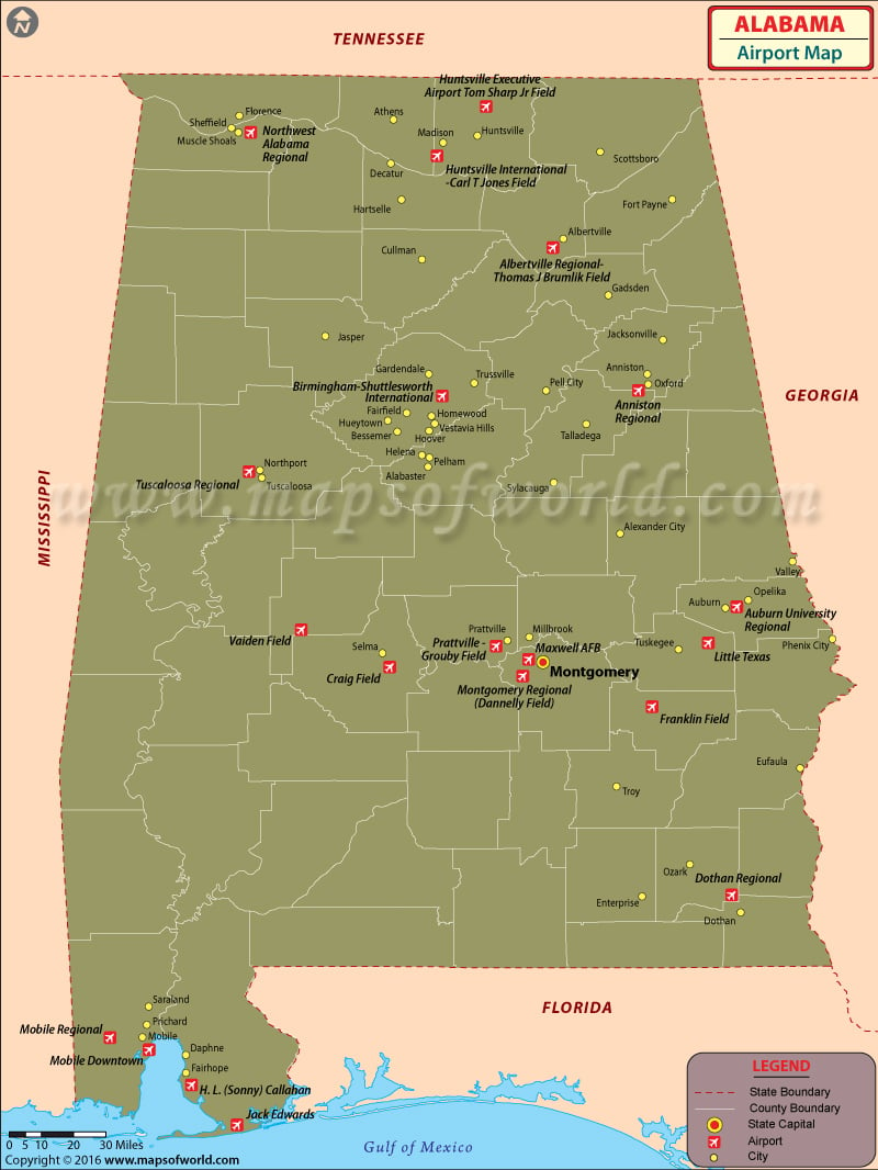 alabama map of cities. Alabama Airports Map