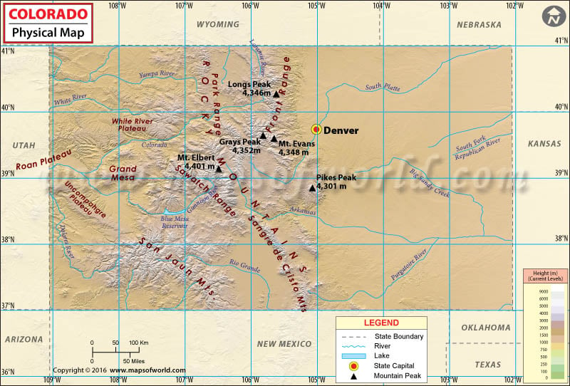 Physical Map of Colorado, Colorado Physical Features