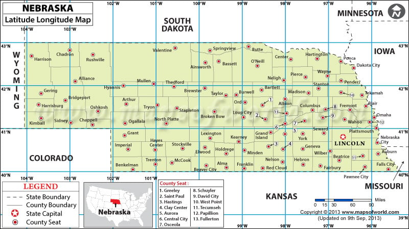 Nebraska Latitude And Longitude Map