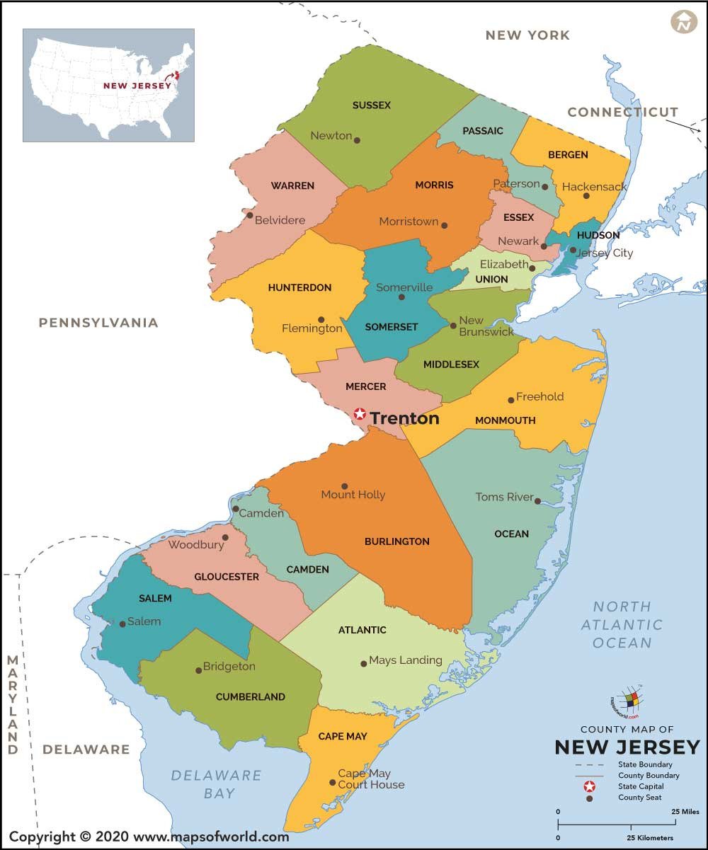 maps of new jersey. New Jersey County Seat Map