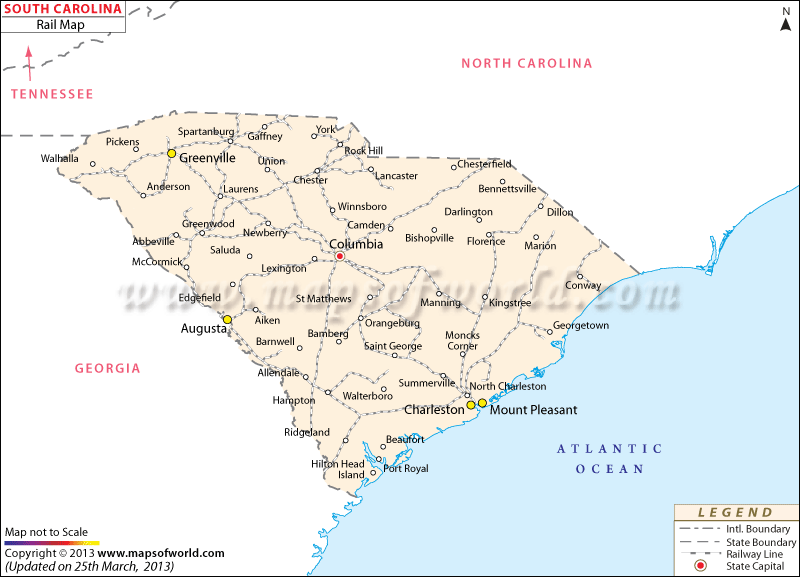 Railway Map of State of South Carolina in USA