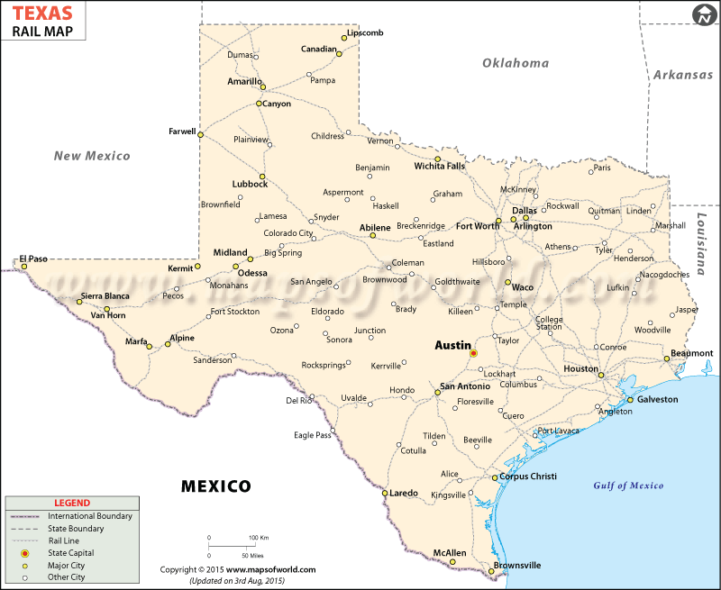Railway Map of State of Texas in USA