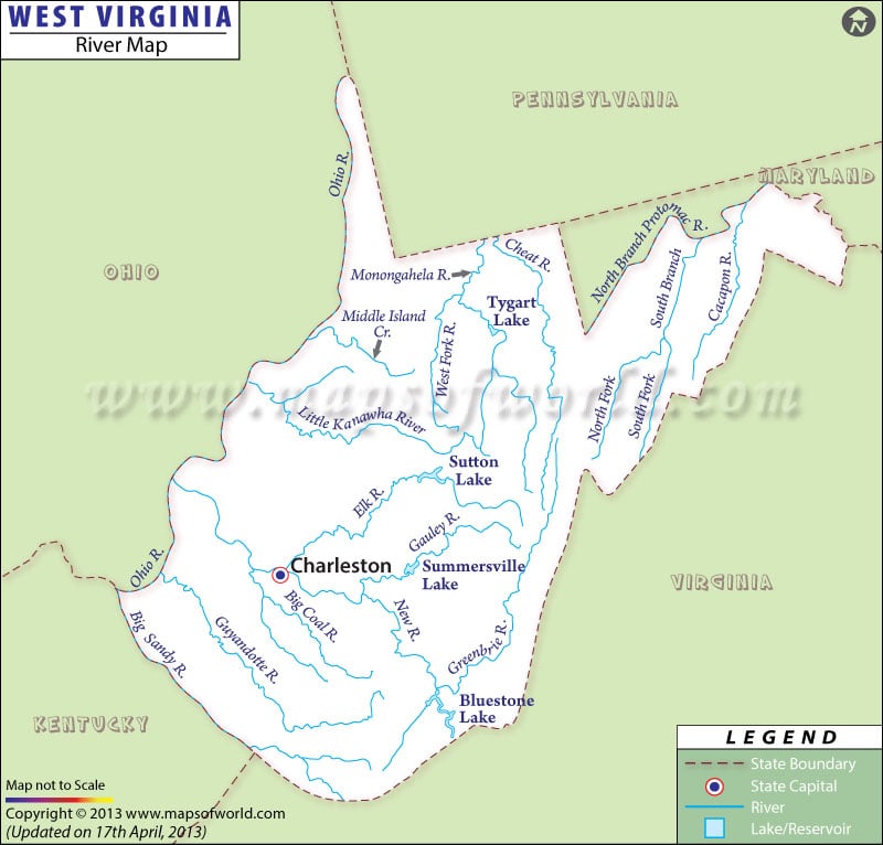 map of ohio and west virginia. River Map of State of West Virginia in USA
