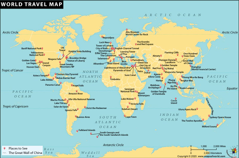 Description : World Travel Destination Map shows all the major tourist 