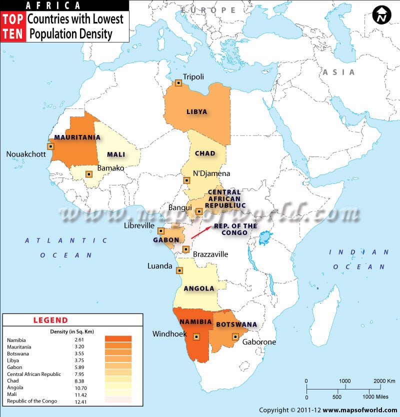 Map Highest And Lowest Population Density Countries Of Africa