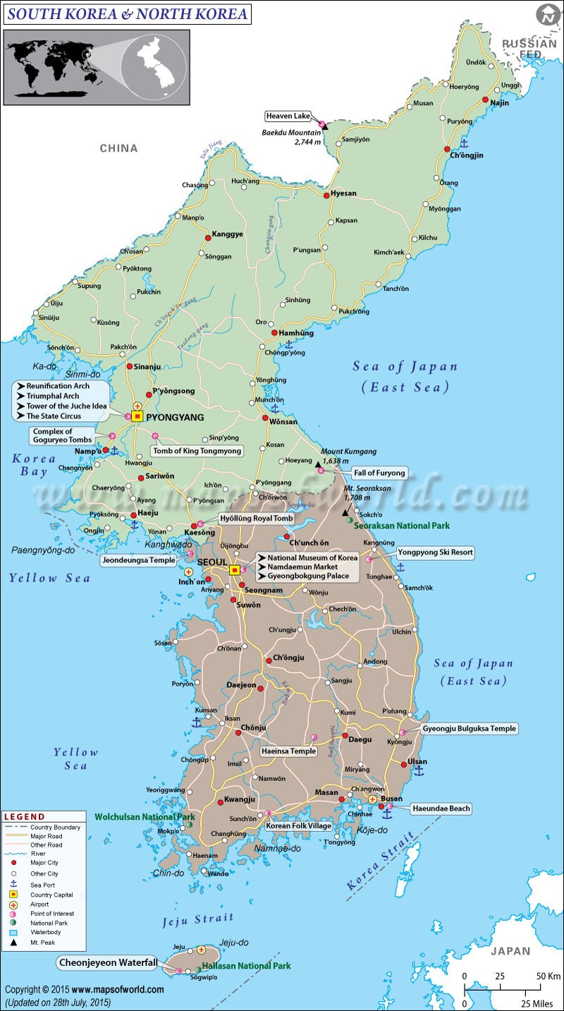 Map of South Korea and North Korea