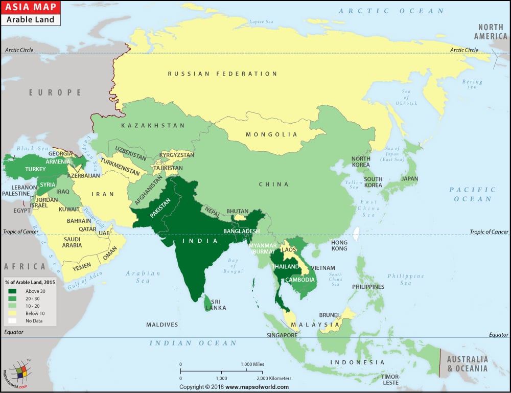 Map Of Asia Arable Land Agriculture Land In Asia