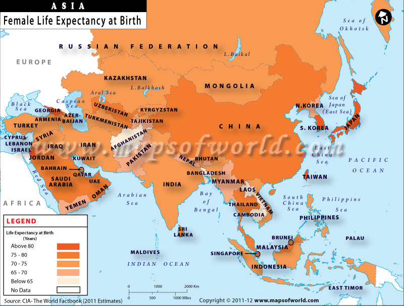 Female Life Expectancy at Birth in Asian Countries Map