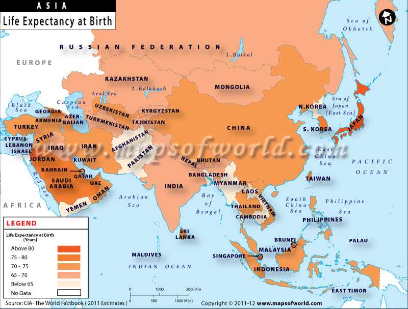 Map of Life Expectancy at Birth in Asian Countries