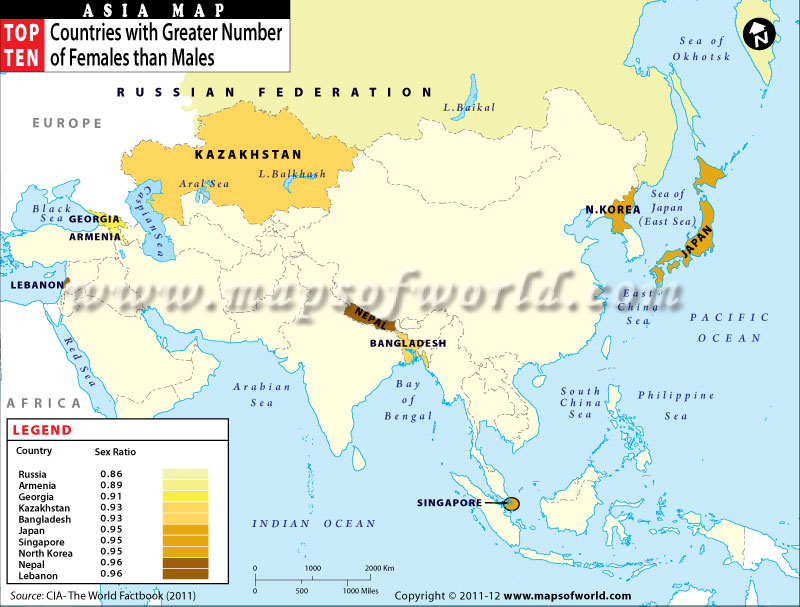 Map of Asian Countries with Greater Number of Females than Males