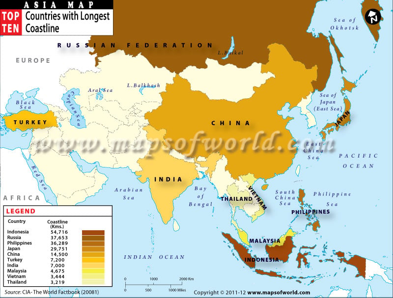 Map of Asian Countries with Longest Coastline