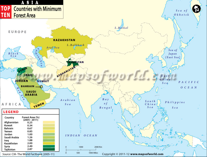 Map of Asian Countries with Minimum Forest Area