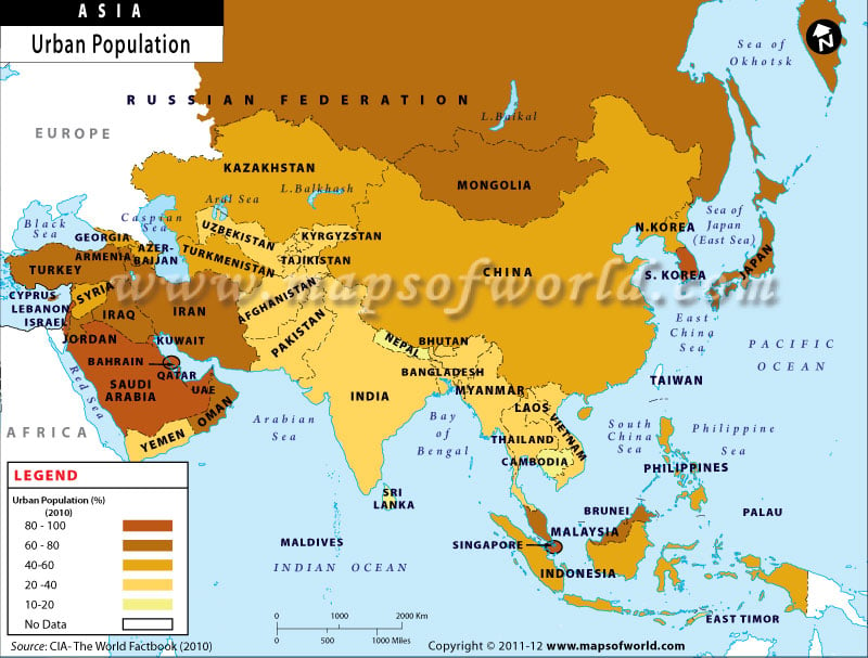 Map of Asian Countries by Urban Population