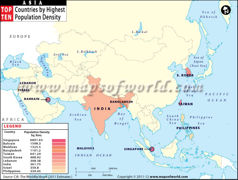 Map of Asian Countries by Highest Population Density