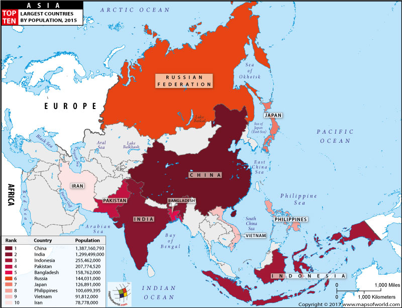 Map of Largest Countries in Asia by Population