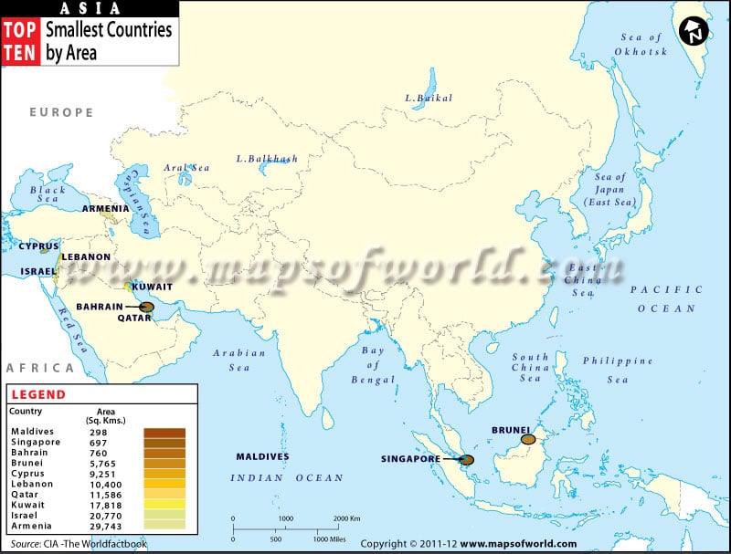 Map of Smallest Countries in Asia by Area