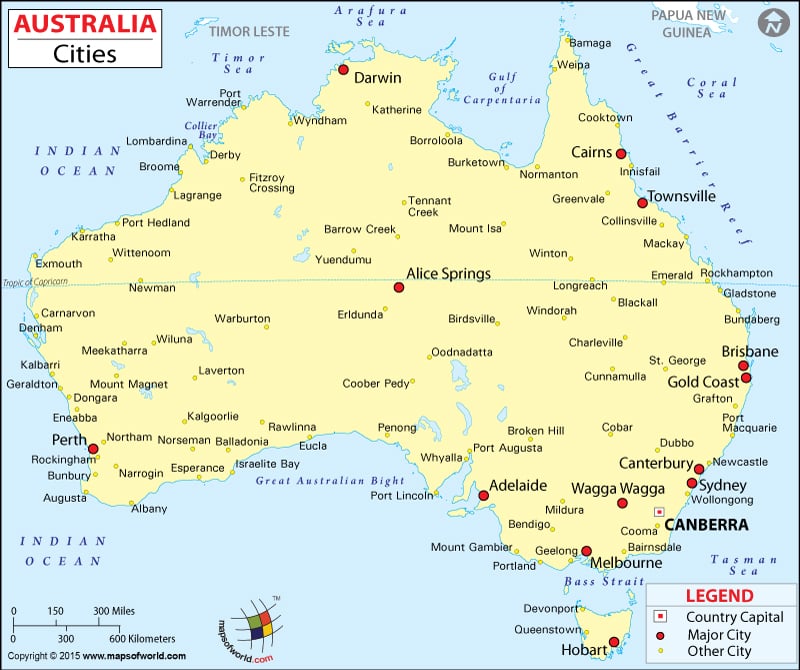 Map Of Australia With Major Towns And Cities Vector Illustration
