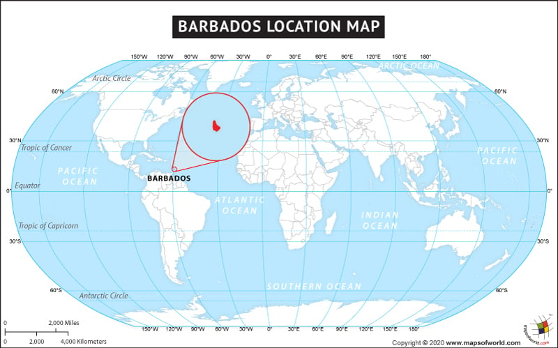 Map of World Depicting Location of Barbados