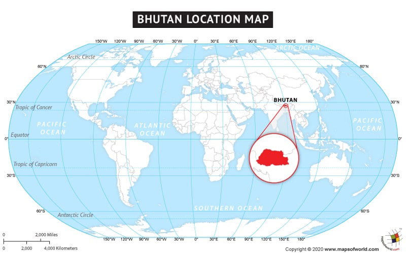 Map of World Depicting Location of Bhutan