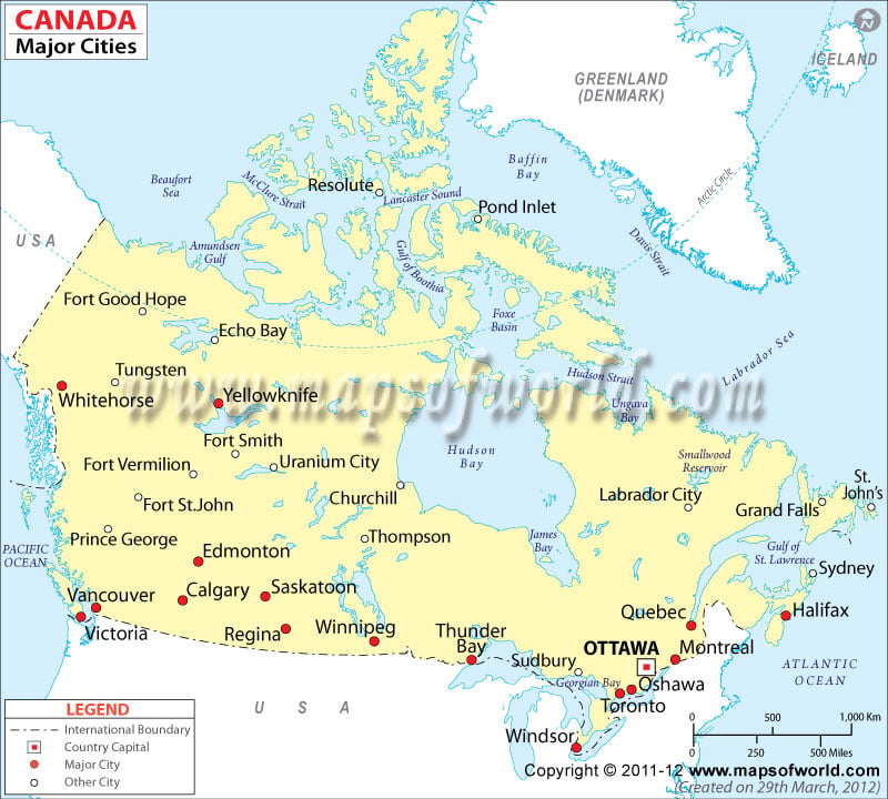 Map Depicting the Major Cities of Canada