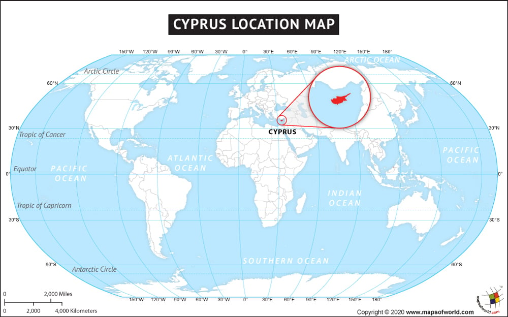 Map of World Depicting Location of Cyprus