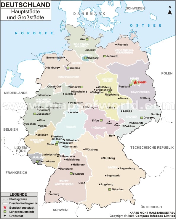 Karte der deutschen Hauptstadte und Grobstadte