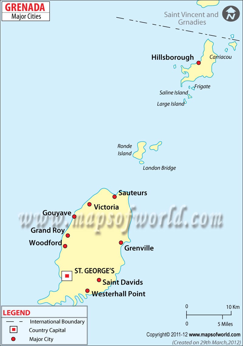 Map of Grenada Depicting its Major Cities