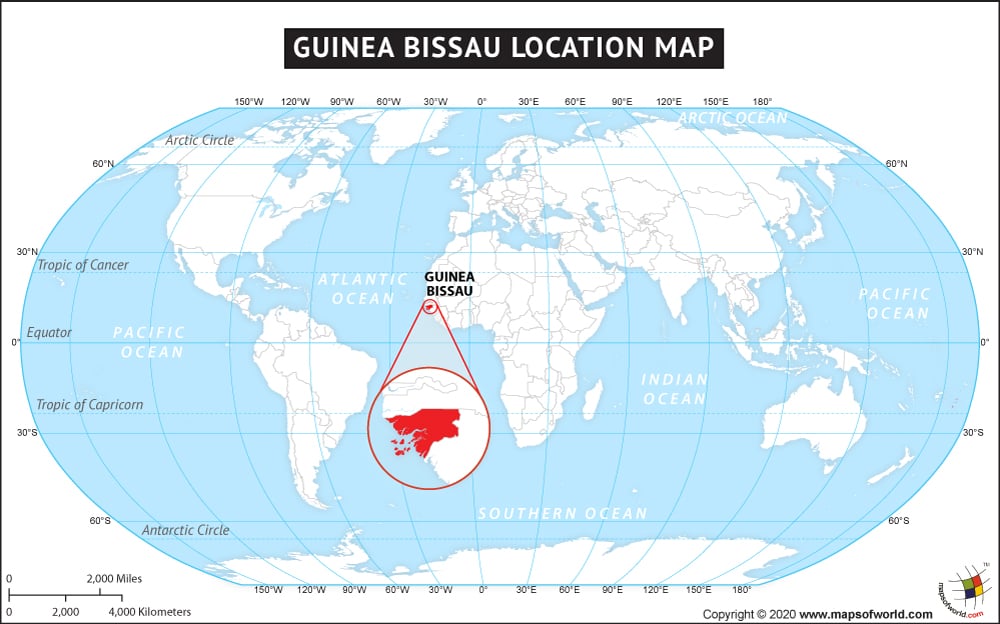 Map of World Depicting Location of Guinea-Bissau