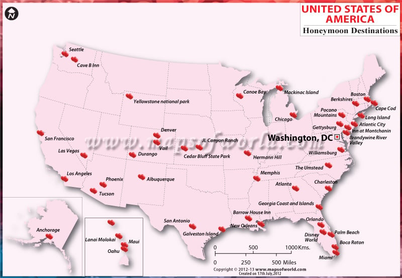 USA Honeymoon Destinations Map