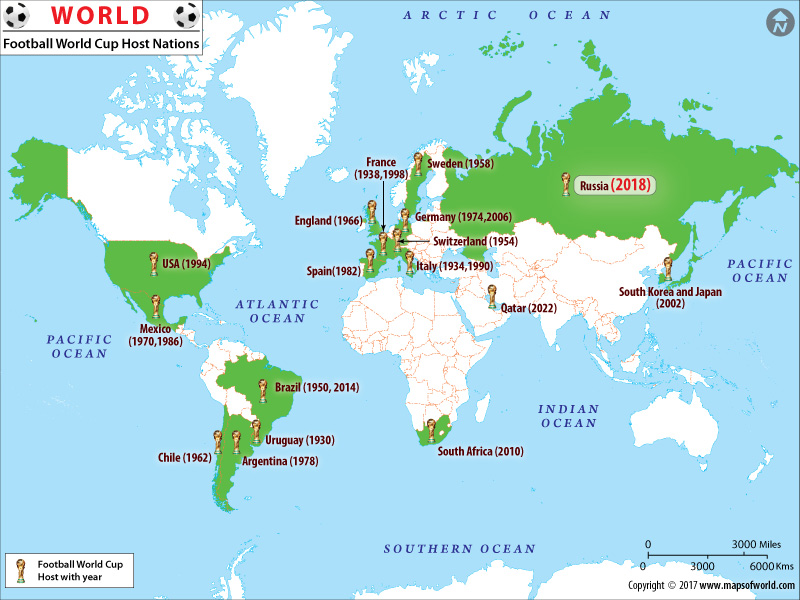 Map of Football World Cup Host Nations