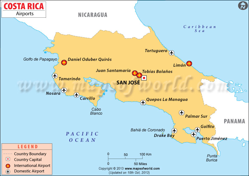 Map shows the Airports in Costa Rica