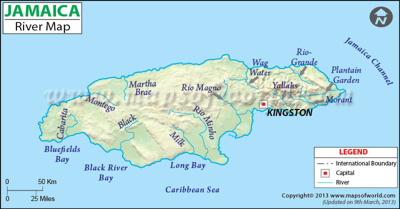 Map showing rivers of Jamaica